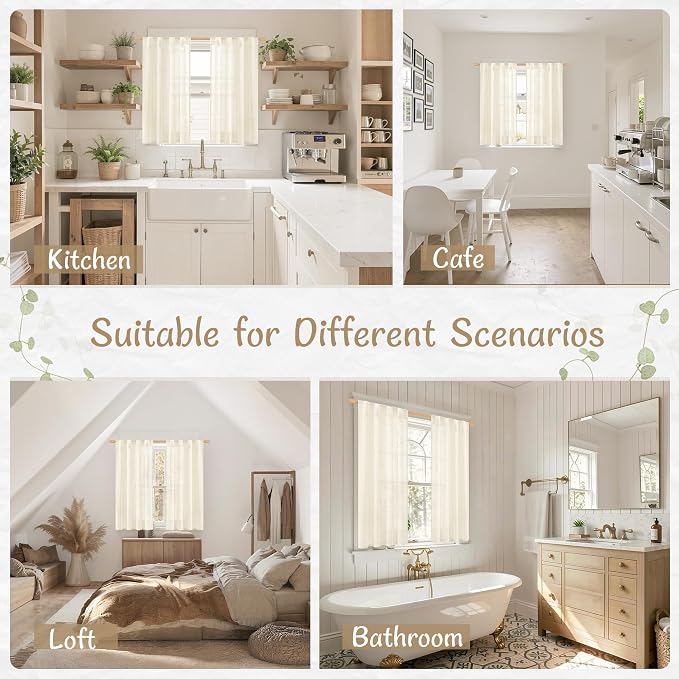 Beige Sheer Linen Cafe Curtains 30 Inch Length 2 Panels for Windows | Light Filtering, Small Window Panels, Short, Curtains for Kitchen, Bathroom, Basement, Back Tab Rod Pocket, 34 x 30 Inch