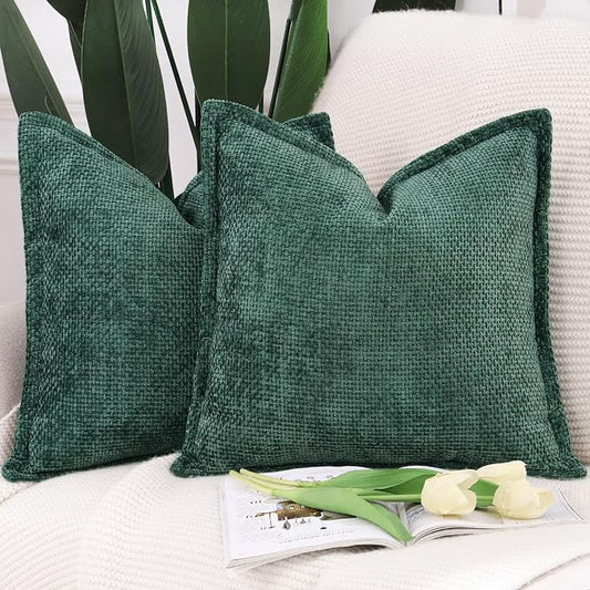 MADIZZ Decorative Chenille Velvet Throw Pillow Covers Set of 2 Soft Boho Textured Neutral Couch Throw Pillow for Bed Modern Farmhouse Home Decor for Sofa Livingroom Dark Green 18x18 Inch