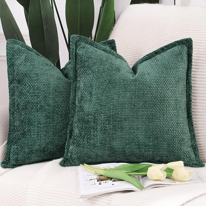 MADIZZ Decorative Chenille Velvet Throw Pillow Covers Set of 2 Soft Boho Textured Neutral Couch Throw Pillow for Bed Modern Farmhouse Home Decor for Sofa Livingroom Dark Green 20x20 Inch
