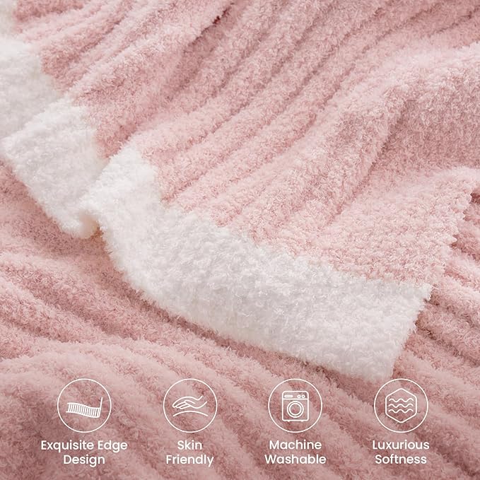 Snuggle Sac Fluffy Ribbed Pink Blanket Twin Size, Soft Luxurious Knit Throw, Fuzzy Plush Microfiber Blankets for Couch, Sofa, Bed, Pink, 60x80 inches