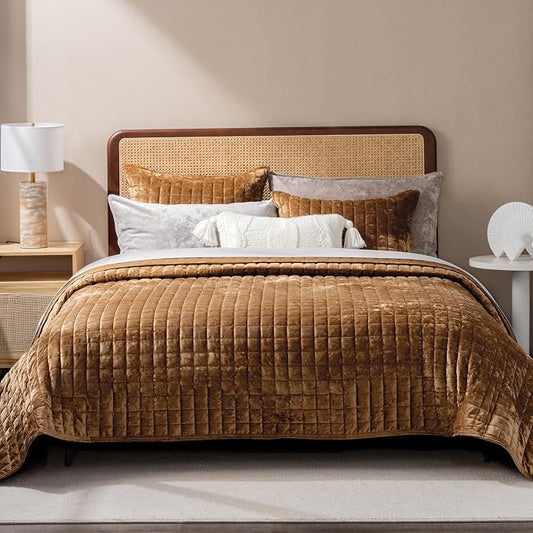 RECYCO Velvet Quilt Set, Oversized California King 118"x106", Caramel Gold | Channel Box Stitch Velvet Comforter Set, Ultra Soft Lightweight Bedspread Coverlet, All Season Bedding Set, with 2 Shams
