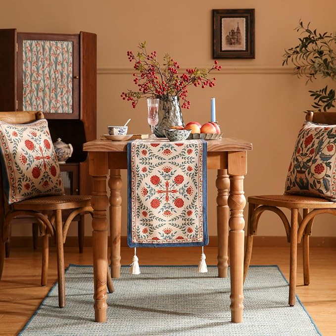 Patdrea Designer French Elegant Linen Table Runner,12"X87"-Puno B | Vintage Tablerunner 87 Inches Long,Colorful Floral Pattern,Decorative Runner for Dining Room Living Room Banquet