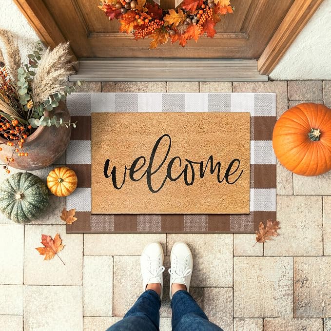 LEEVAN Buffalo Plaid Outdoor Rug, 2x3 Fall Front Porch Rugs Doormat Decor | Brown and White Entryway Rugs, Small Washable Layered Door Mat, Farmhouse Checkered Rugs for Kitchen Patio Bathroom Autumn