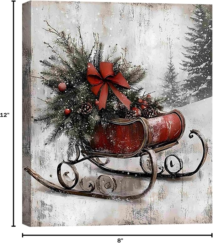 Vintage Framed Canvas Christmas Wall Art Decor 8x12, Farmhouse Red Christmas Prints Winter Paintings for Wall Sleigh Sled Art, Rustic Mantel Decoration, Country Winter Pictures