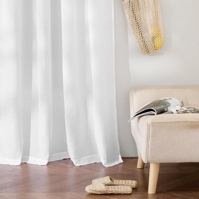 RYB HOME Linen Sheer Curtains 2 Panels for Living Room, Semi Transparent Privacy Drapes with Rod Pocket Farmhouse Style Window Treatments for Bedroom, White, 38" W x 63" L