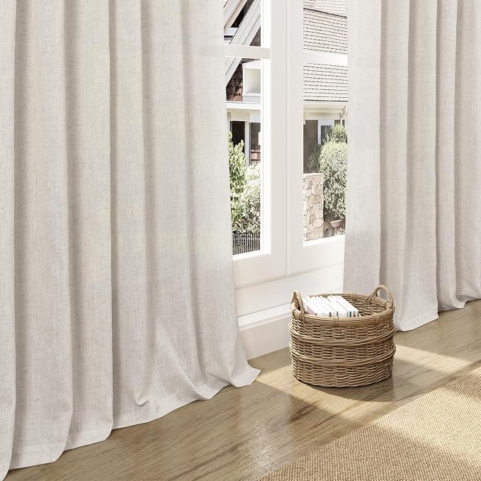 Pearl White Linen Curtains 102 Inches Long for Living Room Light Filtering Semi Sheer Curtain Back Tab Coastal Decor Floor to Ceiling Modern Drapes for Bedroom Office 52x102, 2 Panels
