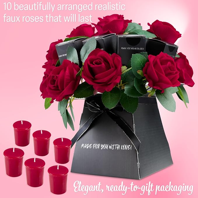 DECO EXPRESS Rose Scented Candles Gift Set for Women, 10 Artificial Flowers Bouquet & Pack of 6 Candles Set (Red Roses)