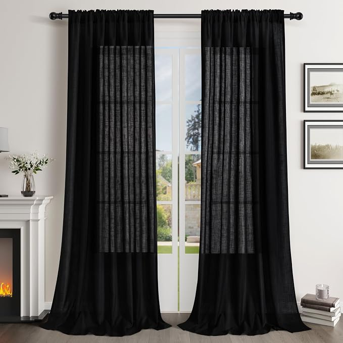 Black Linen Curtains 90 Inch Length for Living Room Bedroom 2 Panels Set Rod Pocket Light Filtering Semi Sheer Window Curtains 52 Inch Width Boho Farmhouse Linen Drapes, W52xL90