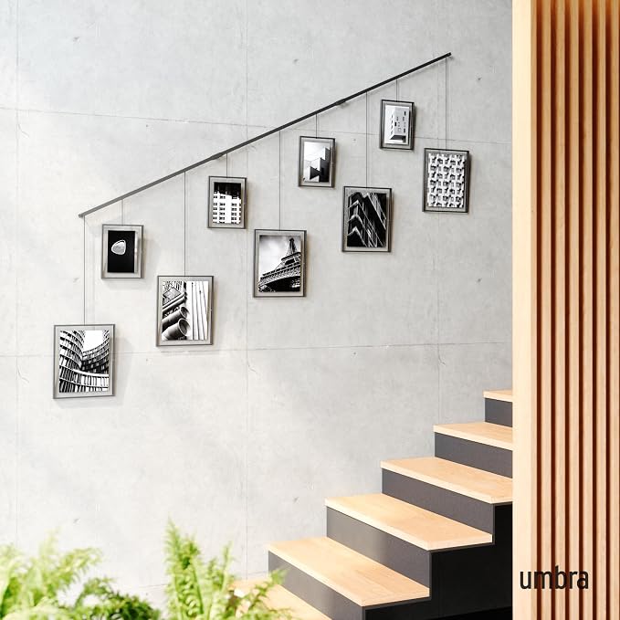 Umbra Exhibit Gallery Picture Frames, Adjustable Wall, Set of 9, Black | Steel, movable hanging rods, holds 8x10 and 5x7 sizes, minimal screw holes, mounting hardware included