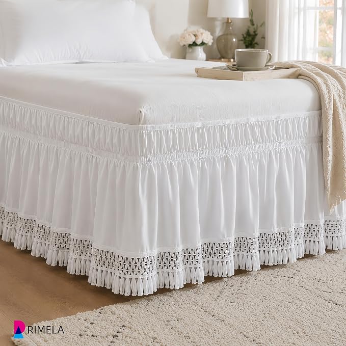 Tassel Trim Bed Skirt Queen 15" Drop, Elastic Wrap Around Bedskirt | Solid Ruffled, Easy to Use, No Mattress Lifting, Wrinkle & Fade Resistant, with Adhesive Strips, Machine Wash/Dry/Iron