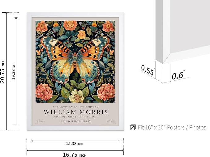 Poster Master William Morris Poster - Butterfly Print - Botanical Art - Flower Art - Exhibition Artwork - Animal Creation - Floral Piece - Aesthetic Illustration - Office or Living Room Decor - 16x20 White Framed