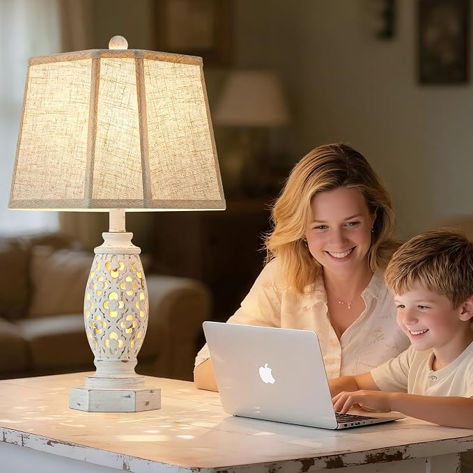 Lamps for Night Stands Set of 2-23.5" Bedside Lamp with USB A+C and Nightlight - Rustic Farmhouse Table Lamp for Bedrooms, End Tables, Living Room - French Country Decor, Bulbs Included, Cream