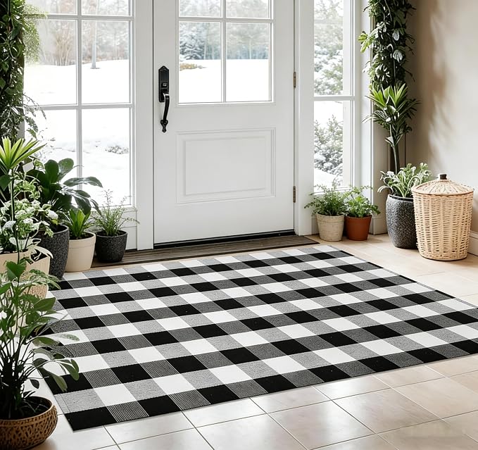 Buffalo Plaid Outdoor Rug 4x6 Ft Black and White Checkered Area Rug Washable Indoor Outdoor Rugs for Entryway,Hallway, Kitchen, Living Room, Dining Room, Bedroom