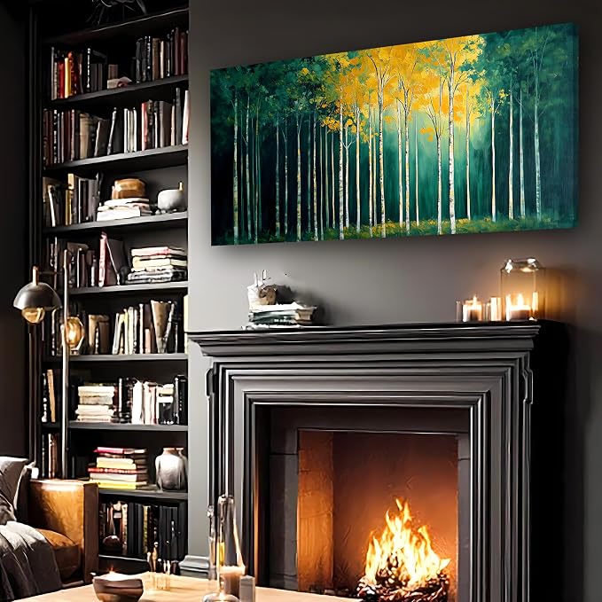 40x20 Inch Birch Tree Canvas Wall Art, Large Panoramic Autumn Forest Painting, Textured Green & Yellow Landscape Wall Decor, Framed Modern Nature Artwork for Living Room Bedroom Office Home Decoration