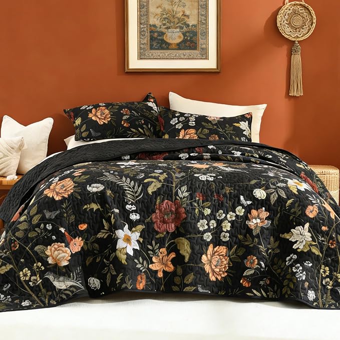 Litanika Floral Black Quilt Queen - 3Pcs Summer Boho Bedding Set | Bedspread Botanical Bird Lightweight Soft Coverlet with Red Flower for All Seasons (96"x90")
