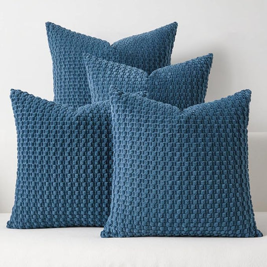 Kevin Textile Throw Pillow Covers Pack of 4 Spring Super Soft Boho Corduroy Decorative Pillow Covers Cases Solid Color Plush Texture Throw Pillows for Sofa Couch Chair 20x20 Inch, Dusty Blue