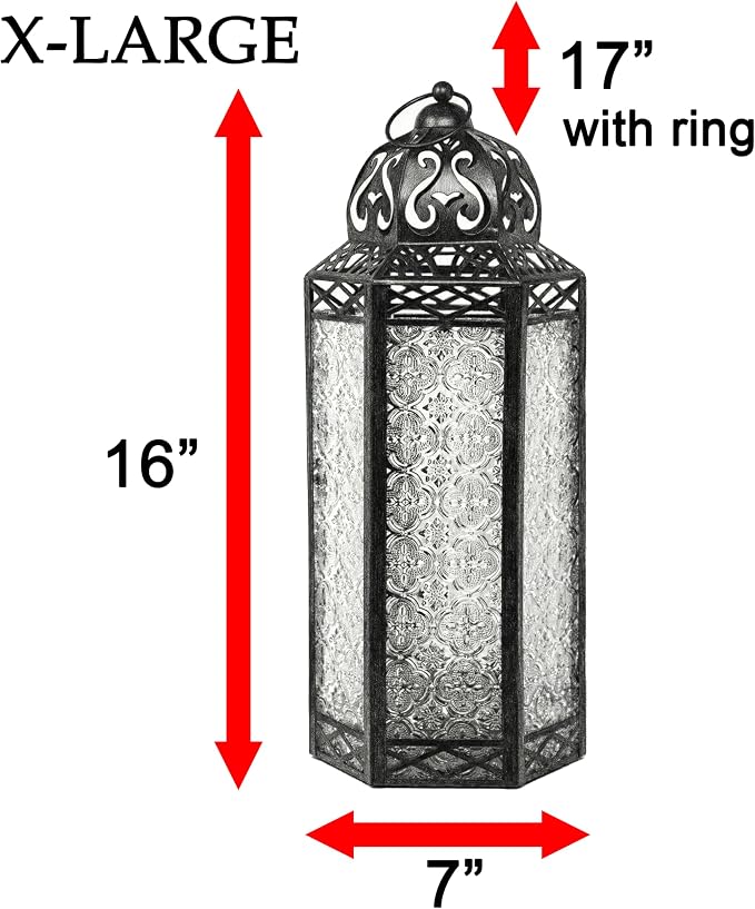 Vela Lanterns Decorative Indoor Candle Holder Table Centerpieces - Moroccan Hanging Outdoor Patio & Porch Home Decor, Turkish Floor Lamp for Wedding, Ramadan (Extra Large 16", White Glass)