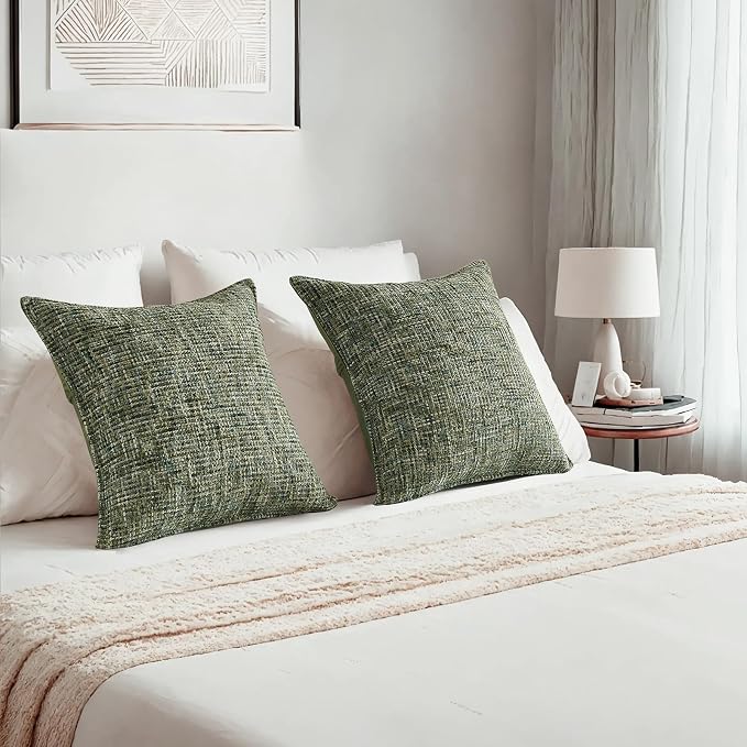 HAUSSY Pack of 2 Chenille Tweed Throw Pillow Covers 22x22 Inch, Dark Green