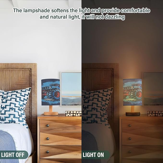 Bedside Lamp Truck Table Lamp for Bedroom LED Nightstand Lamp Shade USB Ports Wood Base for Living Room Dorm Office