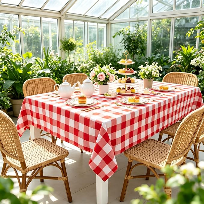 ShinyBeauty 60"X120" Rectangle Tablecloth Red and White Farmhouse Cover | Cotton Linen Checkered Plaid, Wrinkle-Resistant, Folded Hem for Dining Room Kitchen Outdoor Picnic Christmas Party Decor