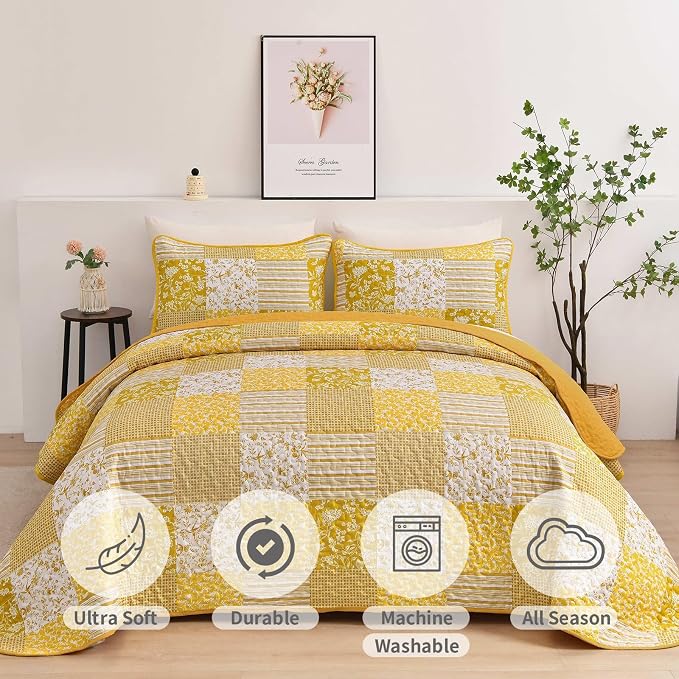 Mybedsoul Yellow Boho Quilt Set Full Size, Patchwork Quilt Bedding Set | 3 Pieces Plaid Floral Bedspread Coverlet Set for All Seasons, Soft Lightweight Patchwork Reversible Bedding Set 78"×90"
