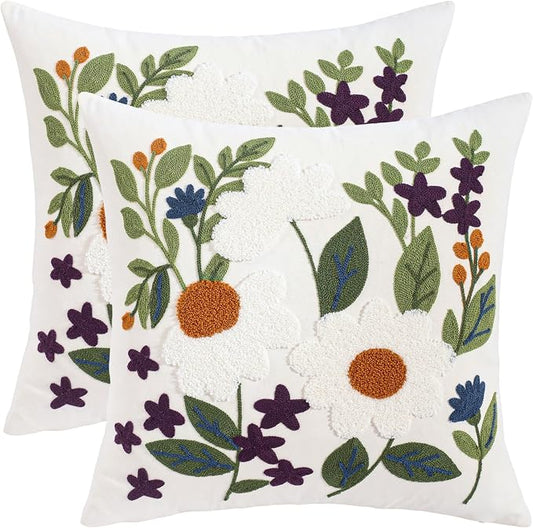 Embroidered Throw Pillow Covers 18x18 Pack of 2 Green Leaves Daisy Pillow Covers Floral Pillowcases Farmhouse Pillow Cushion Cases Square Flower Boho Pillow Case Summer Decor