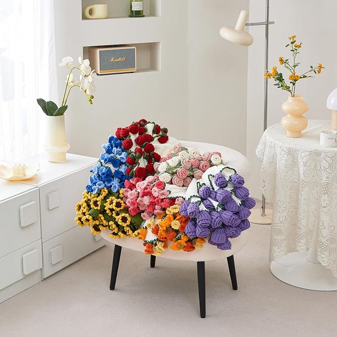 Crochet Flower Bouquet Throw Blanket, Handmade Knitted Blanket with Flowers, Cute Romantic Gift for Her Girlfriend Mom Mother’s Day Valentine Wedding Anniversary Birthday, Orange 40 Inches