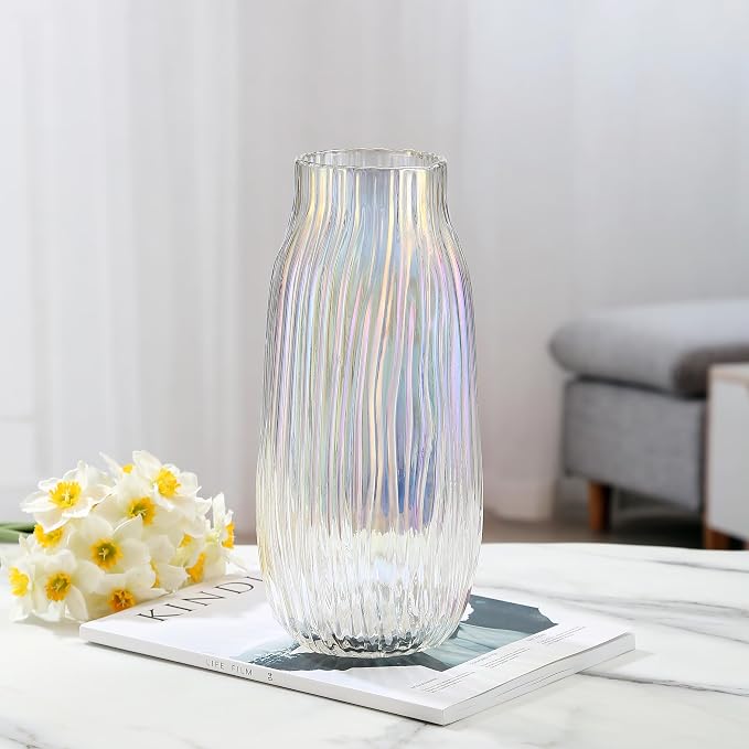 Large Colored Glass Vase for Home Decor Ribbed Tall Gold Floor Vase 12.0" Decorative Vases for Table Centerpieces Flowers Decor and Farmhouse(Colored 8.0in)