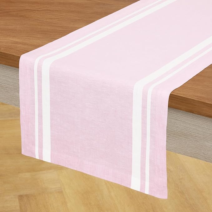 Solino Home 100% Pure Linen Table Runner, 14 x 144 in, White, French Stripe | styles dining tables for meals and celebrations, woven stripe, European flax fibres, easy to care for, OEKO-TEX Certified