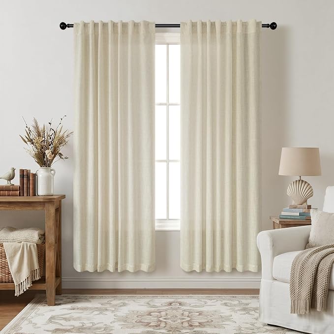 Pitalk Birch Beige Semi Sheer Linen Window Curtains 63 Inch Length 2 Panels Light Filtering Neutral Oatmeal Curtains Modern Farmhouse Back Tab Rod Pocket Pleated Drapes for Bedroom 52 x 63 Inch Long