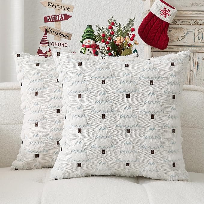 Kevin Textile Christmas Tree Pillow Covers 16x16 Inch Set of 2 Soft Plush Faux Fur with White Snow Embroidery Decoration Pillowcases for Couch Sofa Holiday Festivals Winter Xmas Gift, White Cream