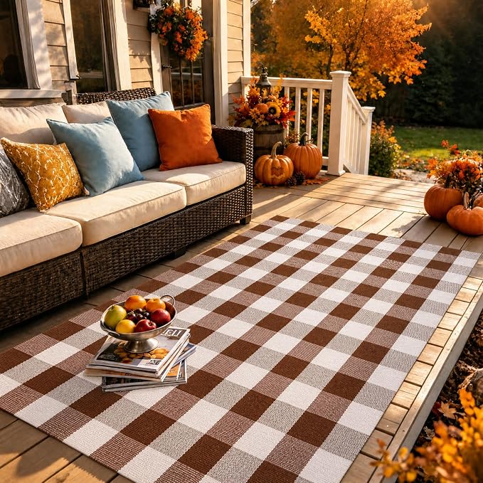 Buffalo Plaid Area Rug 5x7 Ft, Brown White Indoor Outdoor Rug | Cotton Blend, Brown White Checkered, Machine Washable, Layering Rug, Front Porch Entryway