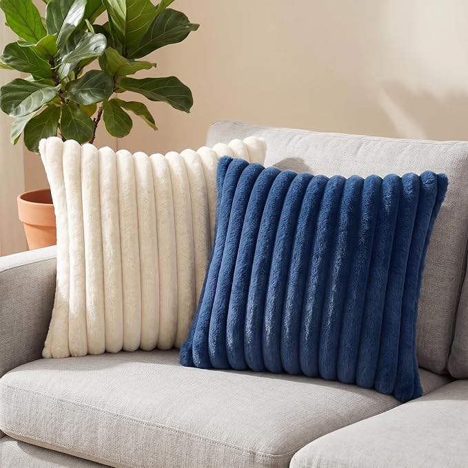 Pack of 2 Throw Pillow Covers 20x12 Decorative Solid Plush Faux Fur with Soft Velvet Back, Square Striped Cushion Cases Modern Farmhouse Home Decor for Living Room Couch Sofa Bed Navy Blue