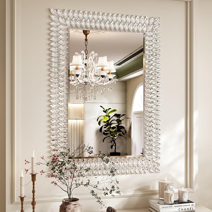 Kelly Miller 28"x40" Jeweled Luxury Rectangle Decorative Wall Mirror | Elegant diamond beveled vanity mirror. Perfect large wall mirror for living room, bathroom, entryway.