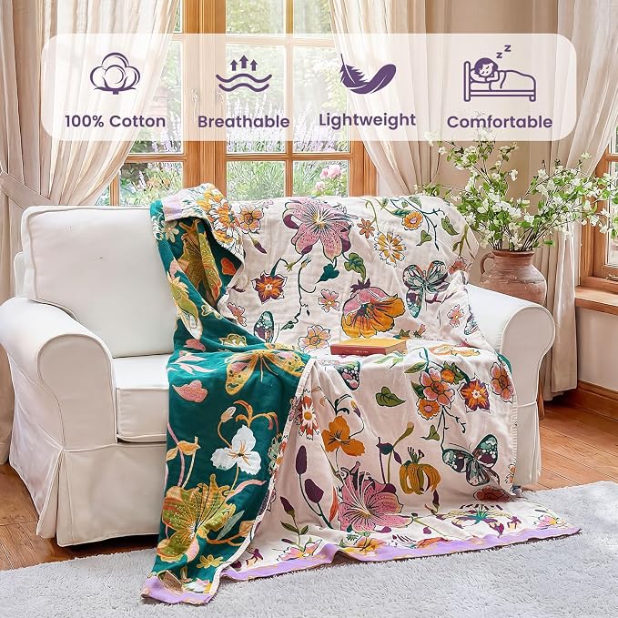 MSGKV Boho Throw Blanket 90"x90" Summer Cotton Floral Queen Size Blanket | Floral Pattern, Queen Size Blanket, Muslin Throw, Reversible Woven, Farmhouse Style, Lightweight Comfort, Machine Washable