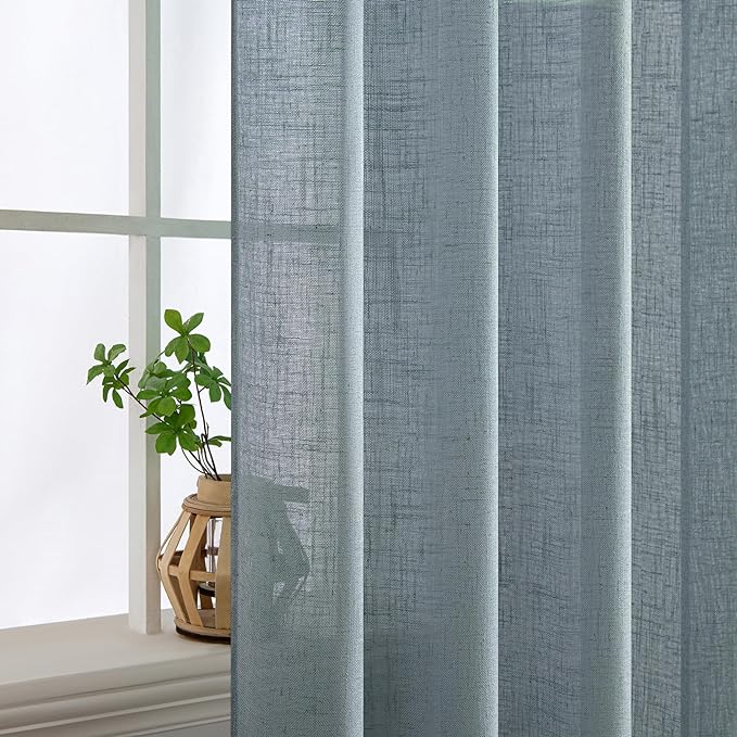 MIULEE Dusty Blue Short Linen Curtains 52x45 Inch Long 2 Panels for Kitchen | Bedroom Bathroom,Soft Thick Linen Textured Basement Window Drapes,Semi Sheer Light Filtering,Back Tab, Burlap Look Decor