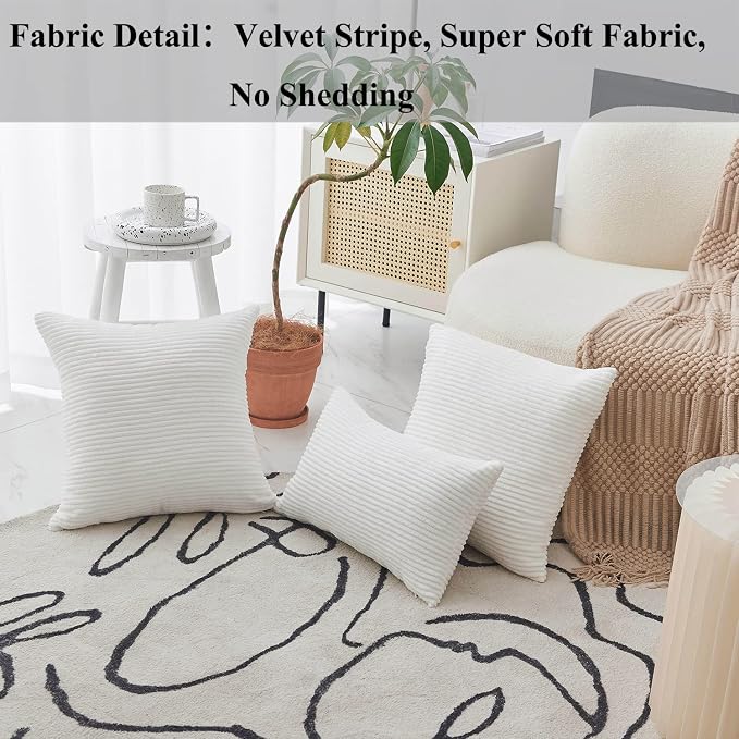 Home Brilliant White Euro Shams Set of 2 24x24 Throw Pillow Covers Summer Decoration Striped Velvet Corduroy Euro Throw Pillow Sham Couch Cushion Cover for Teen Girls, 24 x 24 inch, Creamy White