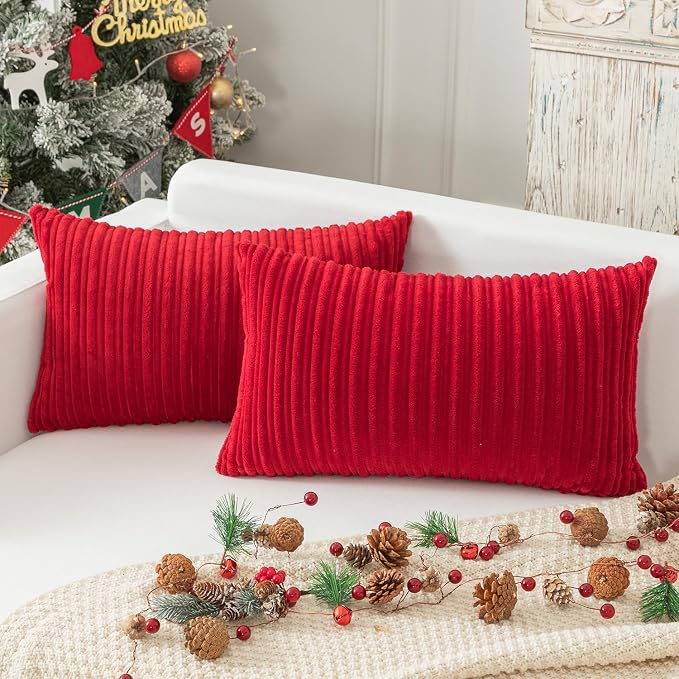 Kevin Textile Striped Corduroy 12”x20” Pillow Covers 2 Pack, Burgundy
