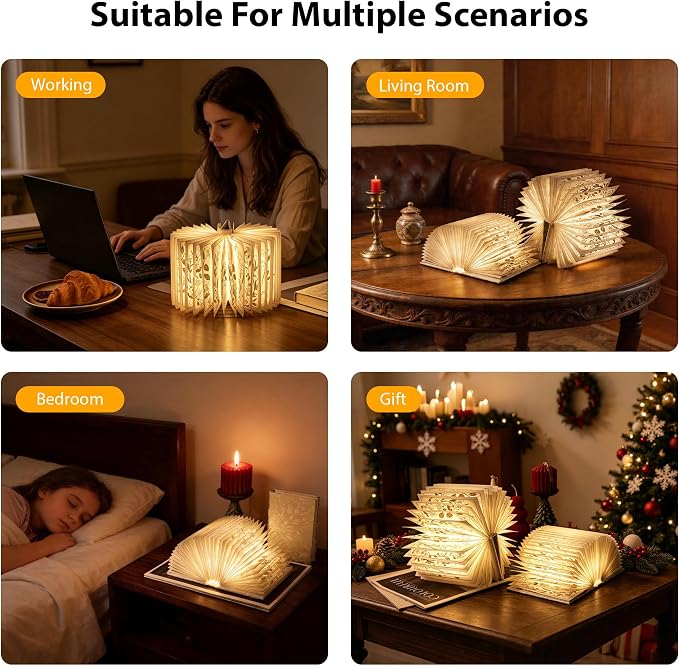 Book Lover Gift, Folding Book Lamp Decor, Portable Print Book Light