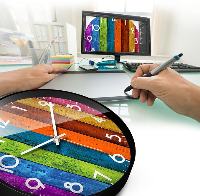 Silent Non-Ticking Analog Wall Clock, Colorful Wood Print, 12'' | Battery Operated, Modern, Metal Frame & HD Tempered Glass, Decorative for Home & Office, Bedroom, Kitchen, Living Room