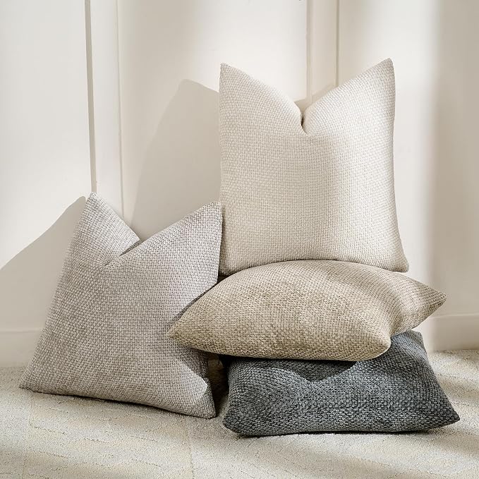 Volcanics Boho Throw Pillow Covers 20x20 Set of 4, Neutral Chenille Decorative Cushion Covers for Couch, Sofa, Bedroom, Living Room, Farmhouse & Mid-Century Modern Home Decor