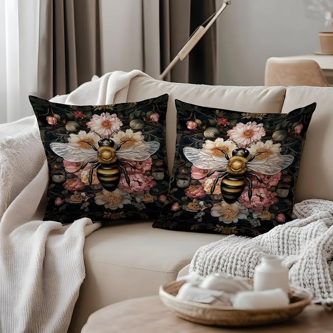 Vintage Moody Floral Honeybee Pillow Covers 18x18, Bee Lover Gifts, Dark Cottagecore Room Decor, Moody Dark Academia Wildflower Botanical Bee Decorative Throw Pillow Covers for Home Room