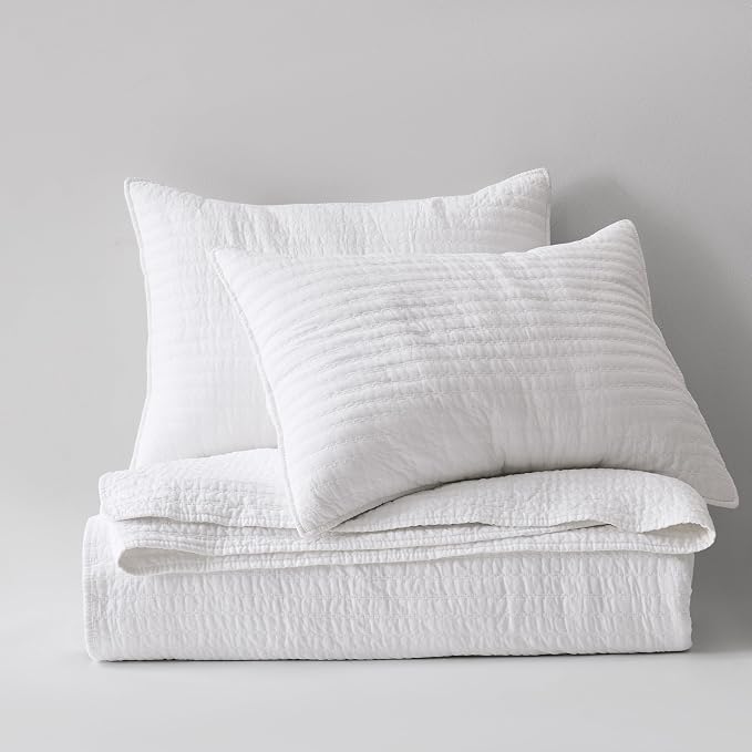 WDCOZY 100% Cotton King Size Quilt Set - White Striped Pick Stitch Soft Lightweight Bedspread, Textured Like Linen, Farmhouse Country Rustic Coverlet, Shabby Chic Gauze Bedding, 3 Pieces