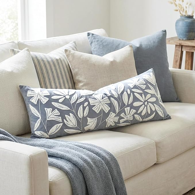 BlissBlush Long Lumbar Pillow Cover 14x36 for Bed, Coastal Dusty Blue Floral Tufted Velvet Accent Oversize Throw Pillowcase for Bedroom, Cover Only
