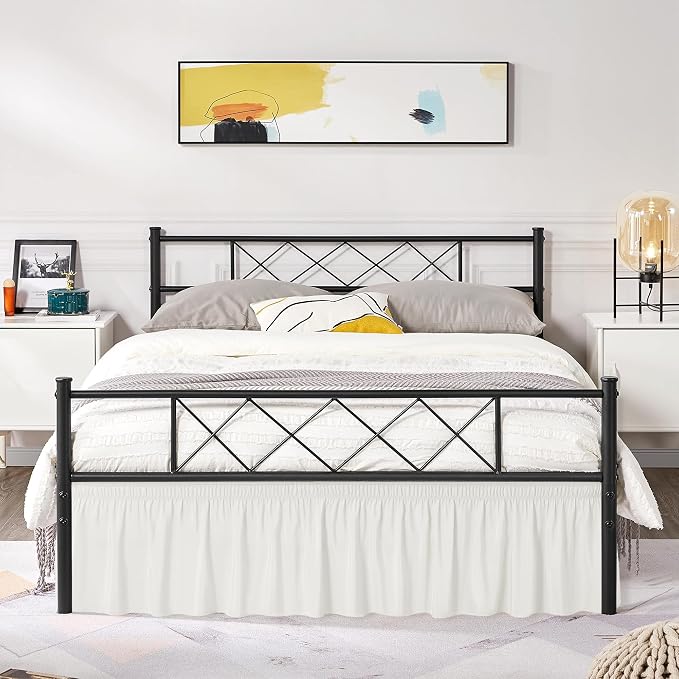 Wrap Around Full Size Bed Skirt Split Corners 15" Drop-Elastic Dust Ruffle | Ivory Adjustable Pleated Bedskirt-Easy Fit Wrinkle Resistant Washable Bed Skirting-Hotels Apartment Guest Bedroom Bed Posts
