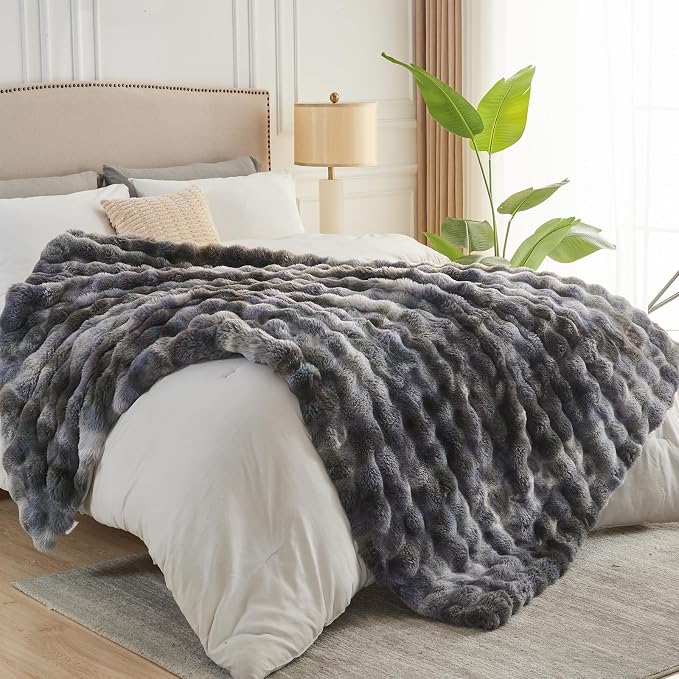NEWCOSPLAY Faux Fur Bubble Twin Blanket for Couch, Tie-Dye Grey, 60"x80" | Fluffy Soft Thick Warm Bubble Blanket for Couch Sofa Bed 700GSM, Plush Cozy Luxury Decorative Throw, Gift for Women Men