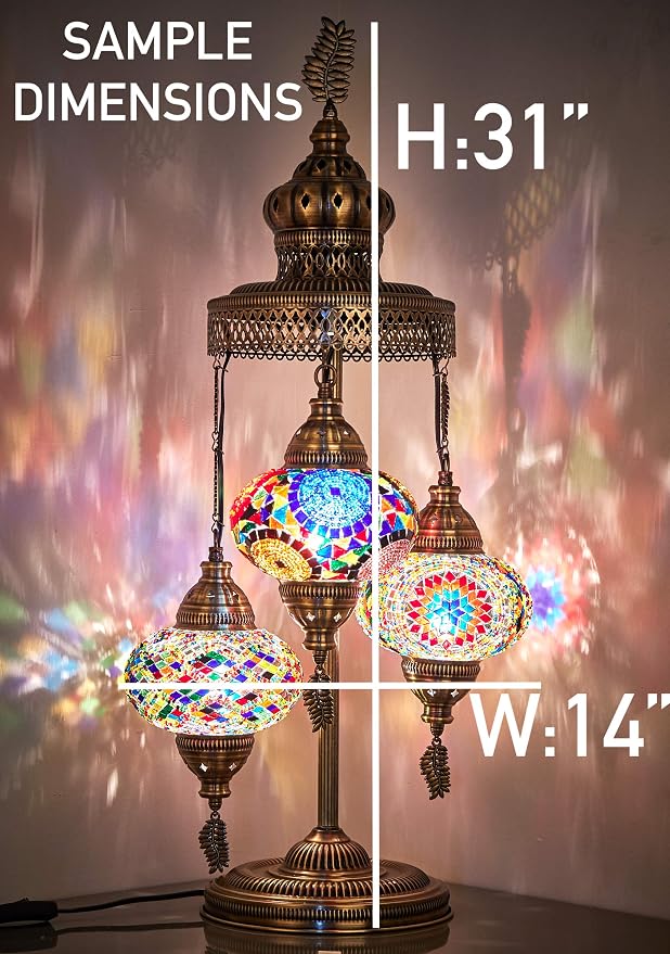 DEMMEX 3 Big Globes XL Magnificent Handmade Turkish Moroccan Mosaic Tiffany Style Table Desk Bedside Lamp Lampshade Exotic Night Accent Light for North American Use, 31" Height (Blue)
