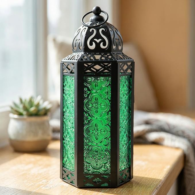 Vela Lanterns Decorative Indoor Moroccan Candle Holder, Green, M | Emerald Green Glass Decor, Ramadan Lantern, Turkish Votive Pillar Lamp, Whimsigoth Witch Tealight Holder, 10.5in Tall