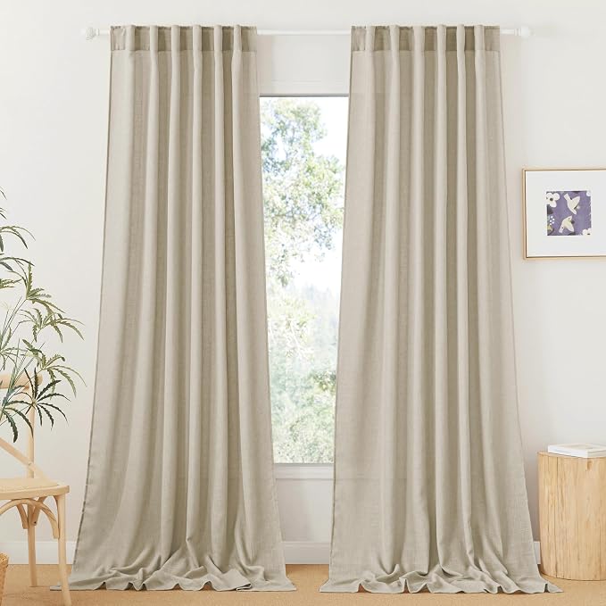 RYB HOME Sheer Curtains 108 inches, Extra Long Floor to Ceiling Curtains | Light Filtering Privacy, Faux Linen Fabric, Living Room Bedroom Sliding Glass Door, Back Tab, W52 x L108, 2 Panels, Beige
