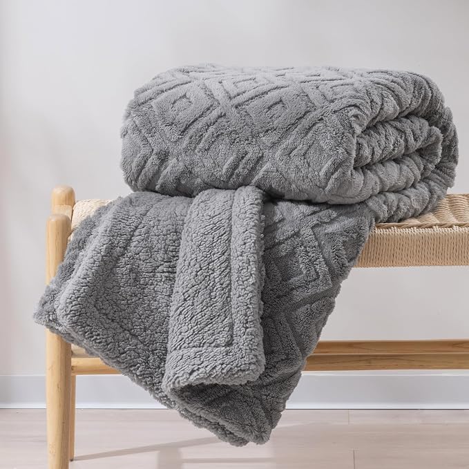 EverGrace Jacquard Reversible Sherpa Throw Blanket, 60" x 80", Grey | Jacquard Sherpa Throw Blanket, Super Soft, Cozy Plush Blanket, Reversible Thick Warm Throw for Bed, Sofa, Living Room